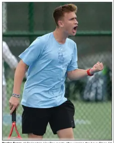  ?? (NWA Democrat-Gazette/Andy Shupe) ?? Hayden Swope of Springdale Har-Ber reacts after winning the boys Class 6A doubles tennis championsh­ip last year. Swope will play doubles this season with his brother, Carter Swope, a freshman at Har-Ber.