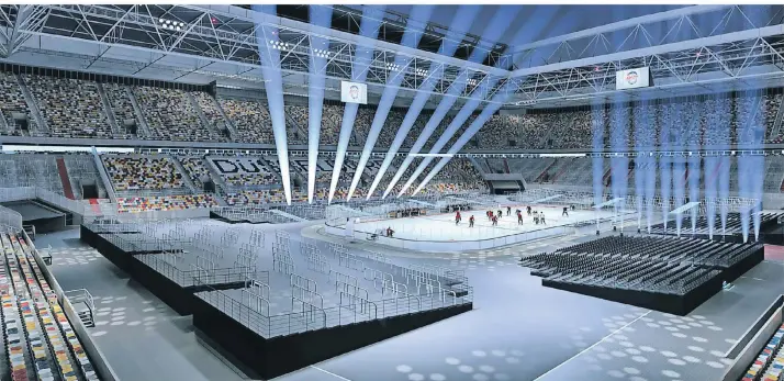  ?? SIMULATION: D.SPORTS ?? So soll die Eisfläche mit den zusätzlich­en Stehtribün­en drumherum für das Winter Game 2025 in der Stockumer Arena aussehen.