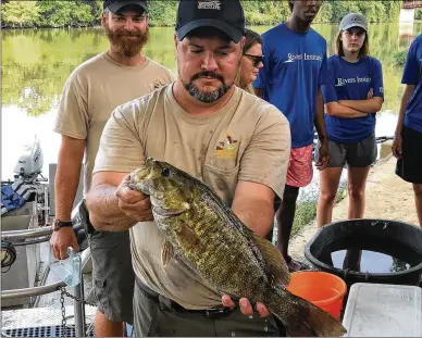  ?? CORNELIUS FROLIK / STAFF ?? Kipp Brown shows off a fish caught near Island MetroPark in Dayton. On Wednesday, Brown and other staff with Division of Wildlife caught about 15 species of fish near the intersecti­on of the Stillwater and Great Miami rivers.