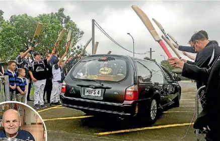  ?? PHOTO: KELVIN TEIXEIRA/STUFF ?? Weraroa Cricket Club members salute at the end of Bruce Martin’s funeral at Levin Domain on Saturday. Left, Martin with the Bruce Steel trophy.