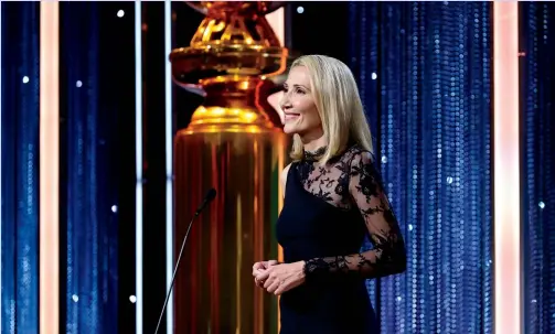  ?? ?? HFPA president Helen Hoehne addresses attendees during Jan. 9’s Golden Globe Awards at the Beverly Hilton.