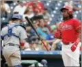  ?? THE ASSOCIATED PRESS — MATT SLOCUM ?? The Phillies’ Maikel Franco tosses his bat after striking out in the eighth inning of a 5-4 loss to the Dodgers Thursday.