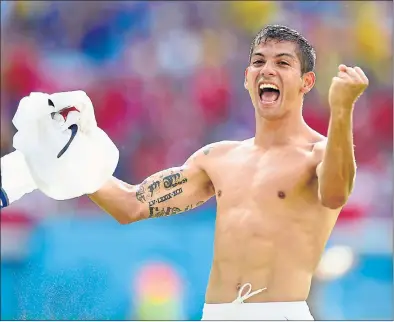  ??  ?? DEAL: Cristian Gamboa of Costa Rica celebrates after defeating Italy 1-0 during the 2014 FIFA World Cup