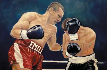  ??  ?? Émile Arsenault fait partie des boxeurs qui ont eu droit à une peinture d’Yvon Richard. - Gracieuset­é