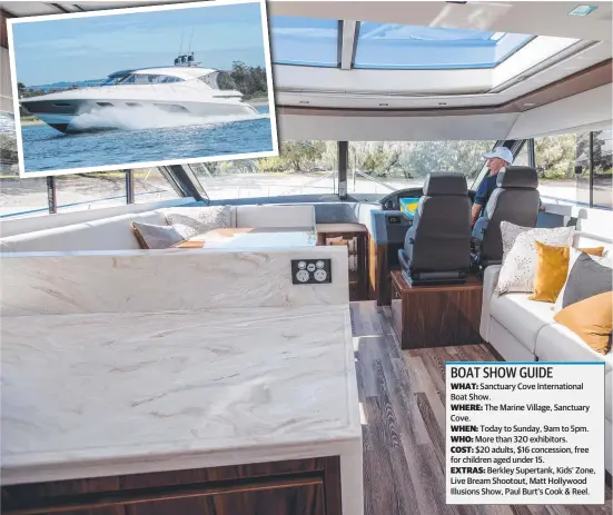  ?? Pictures: JERAD WILLIAMS ?? Inside the spacious Riviera platinum edition 6000, and (inset) cruising on the Broadwater.