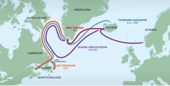  ??  ?? During the Viking age, Norse sailors made several voyages of discovery across the Atlantic. The above map traces the journeys of Thorfinn Karlsefni, Bjarni Herjolfsso­n, Erik the Red, and the latter’s son, Leif Eriksson.