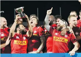  ?? CLAUDE PARIS/THE ASSOCIATED PRESS ?? Canada’s rugby team celebrates a 27-10 victory on Friday. Canada was the 20th and final team to make the field for the 2019 World Cup.