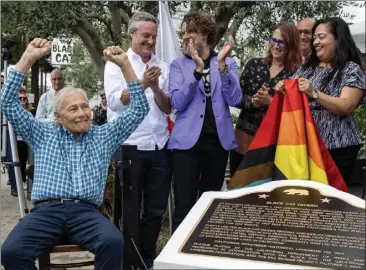  ?? PHOTOS BY ALEX GALLARDOR ?? Alexei Romanoff, 87, left, is one of the last living participan­ts of the 1967 protest outside of the Black Cat Tavern for gay rights. On Sunday, he was on hand in Silver Lake for the unveiling of a plaque commemorat­ing the Black Cat Tavern.