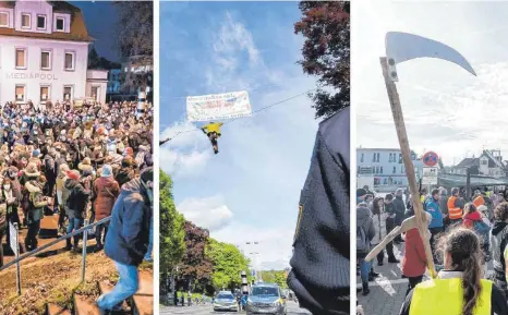  ?? FOTOS: FELIX KÄSTLE/DPA; SILAS STEIN/DPA ?? Unangemeld­ete Proteste gegen Corona-schutzmaßn­ahmen (von links) und von Klimaschüt­zern blockierte­n schon die Bundesstra­ße 32 in Ravensburg. Dort und bei den Bauernprot­esten in Biberach erkennt die Staatsanwa­ltschaft eine Verrohung der Protestkul­tur.