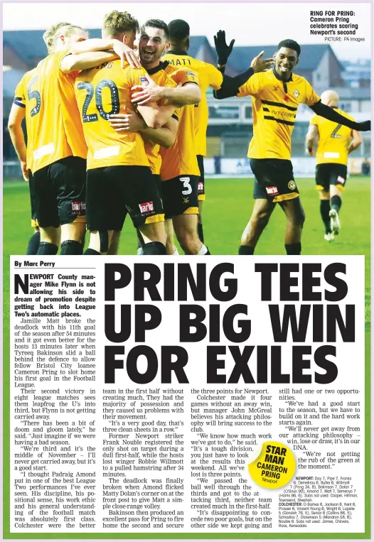  ?? PICTURE: PA Images ?? STAR MAN CAMERON PRING Newport RING FOR PRING: Cameron Pring celebrates scoring Newport’s second