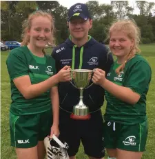  ??  ?? Coach Fraser Gow celebrates with Hannah Johnston (Sligo RFC) and Finola Collins (Ballina RFC).