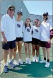  ?? Photo submitted ?? The Siloam Springs girls tennis team finished second overall at the 5A-West Conference Tournament on Tuesday, Sept. 27, at Arkansas Tech in Russellvil­le. Los (second from left) won the 5A-West Conference title, while the junior doubles team of Ava Anglin (middle) and Maribel Riley (second right) placed third. Also pictured are head coach Clay Taylor (right) and assistant coach Kelly Junkermann (left).