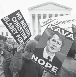  ?? CAROLYN KASTER/AP ?? Opponents of Brett Kavanaugh, who has been accused of sexual assault, protest at the Supreme Court on Monday.