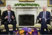  ?? ALEX BRANDON — THE ASSOCIATED PRESS ?? House Speaker Kevin McCarthy of Calif., speaks as he meets with President Joe Biden to discuss the debt limit in the Oval Office of the White House, Monday in Washington.