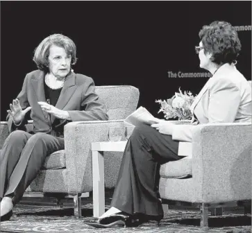  ?? Jeff Chiu Associated Press ?? SEN. DIANNE FEINSTEIN, left, speaks with former Rep. Ellen Tauscher at the Commonweal­th Club in San Francisco. Feinstein lit a fire under liberals frustrated by her measured approach on President Trump.