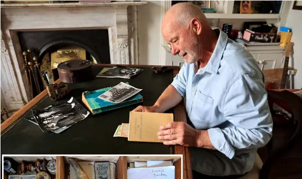  ??  ?? HISTORY DESK: Liam Collins with items unearthed while clearing out his old desk at home during the lockdown. The neatly stacked contents (inset left) include the horn of a bullock and (inset right) a telephone book from 1979 and pictures of Charlie Haughey from the election in 1981. Photo: Gerry Mooney