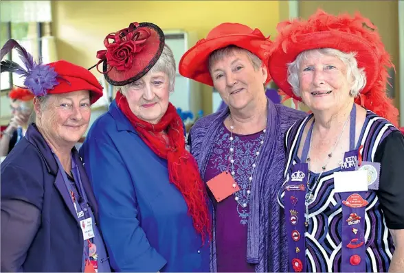  ??  ?? Red-hot friendship­s: Barooga Vintage Reds queen Christine Milton, vice-queen Heather Dempster, Finley Fillies queen Judi Anderson and Barooga Vintage Reds queen mum Delwynn Carlyon.