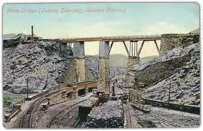  ??  ?? An early 20th century hand-coloured postcard illustrati­ng the complexity of the railway systems at Rhiwbryfdi­r serving Qakeley quarry. FR