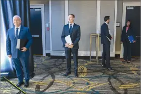  ?? Canadian Press photo ?? Conservati­ve Party of Canada leadership candidates Erin O’Toole, left to right, Peter MacKay, Derek Sloan and Leslyn Lewis wait for the start of the French leadership debate in Toronto earlier this month.