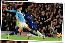  ??  ?? LEAP OF FAITH: N’Golo Kante celebrates after (above) giving Chelsea the lead against Manchester City on the stroke of half-time at Stamford Bridge last night
