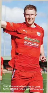  ?? ?? Paddy Webb celebrates his goal for Quorn against Spalding. Picture by MW Photograph­y.