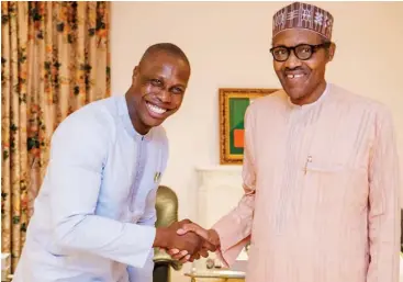  ?? Photo: State House ?? President Muhammadu Buhari with Olujonwon Obasanjo, the son of former President Olusegun Obasanjo at the State House in Abuja yesterday. Olujonwon had earlier declared his support for the president and vowed to campaign for him.