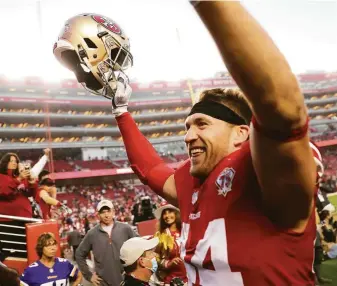  ?? Scott Strazzante / The Chronicle ?? Kyle Juszczyk. an erstwhile fullback who also lines up at running back, tight end and wide receiver for the 49ers, celebrates after Sunday’s 34-26 win over the Vikings at Levi’s Stadium.