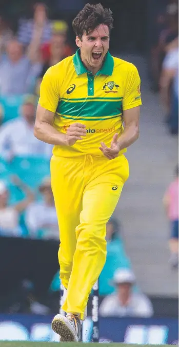  ?? Picture: AAP/STEVE CHRISTO ?? Jhye Richardson celebrates taking the wicket of India's captain Virat Kohli caught by Marcus Stoinis during the first One Day Internatio­nal at the SCG yesterday