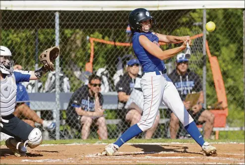  ?? H John Voorhees III / Hearst Connecticu­t Media ?? Danbury’s Mya Cefaloni makes contact against Ludlowe on Tuesday.