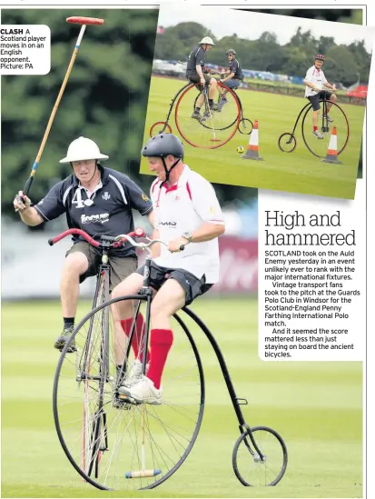  ??  ?? CLASH A Scotland player moves in on an English opponent. Picture: PA