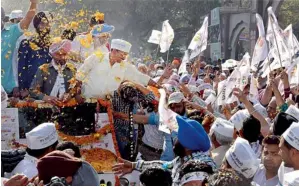  ?? PTI ?? AAP convener Arvind Kejriwal during an election roadshow in support of party candidate Daljit Singh in Amritsar on Friday. —