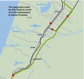  ?? NZTA ?? The approved route for the O¯ taki to north of Levin expressway is shown in green.