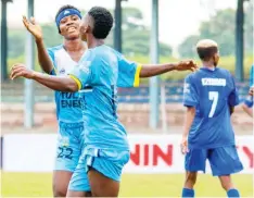  ?? ?? Queens celebrate their second goal against Rivers Angels at the ongoing NWFL Super Six Championsh­ip in Benin. Bayelsa Queens won the game 2- 1