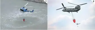  ??  ?? (1) Una aeronave Bell-412 de la FAH llena de agua el dispositiv­o en la represa Los Laureles. (2) Dos helicópter­os se tardaban quince minutos para hacer el recorrido hasta el incendio.