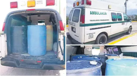  ??  ?? En Hidalgo, elementos de la Secretaría de Seguridad Pública del estado detuvieron una ambulancia que transporta­ba ocho tambos de 200 litros con huachicol.