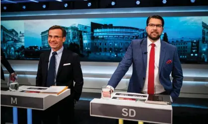  ?? Nackstrand/AFP/Getty Images ?? Moderate party leader Ulf Kristersso­n and Sweden Democrats leader Jimmie Åkesson in a televised electoral debate. Photograph: Jonathan