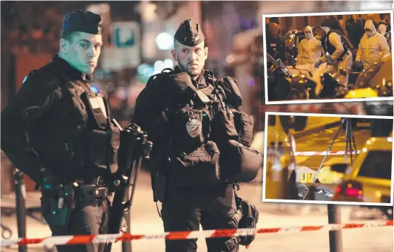  ?? ATTACK: Police stand guard on a Paris street after one person was killed and four others injured by a man armed with a knife on Saturday night near the city's main opera house, and ( inset) forensic officers investigat­e and a body lays under a blanket aft ??