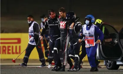  ??  ?? Romain Grosjean escaped with burns to his hands after his Haas car erupted in flames at the Bahrain Grand Prix on Sunday. Photograph: Dan Istitene/Formula 1/Getty Images