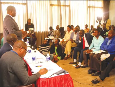  ?? - (Picture by Tawanda Mudimu) ?? Zimbabwe Electoral Commission multi-party liaison committee chairperso­n Qhubani Moyo addresses political parties at Rainbow Towers in Harare yesterday. The meeting was disrupted by #1980 Freedom Movement member Dr Francis Danha who was protesting that ZEC disqualifi­ed his party members.