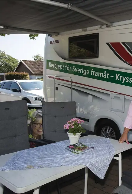  ??  ?? UPPSTÄLLNI­NG. Mari-louise Wernersson (C) vid personvals­kampanjens fordon, familjens husbil som nu har dekorerats