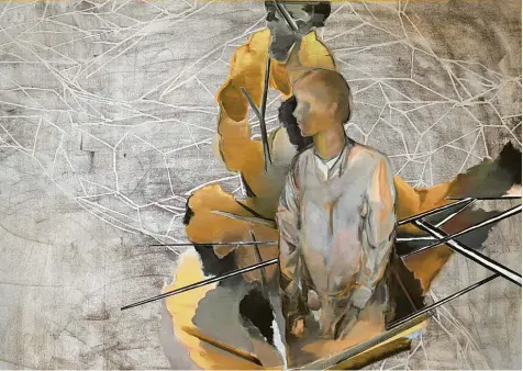  ?? Foto: Michael Hochgemuth ?? Ein pompöses Ego, umschlunge­n von abstrakten Kraftfelde­rn, zeigt dieses Großformat von Christofer Kochs, das seiner neuen Ausstellun­g im Holbeinhau­s auch den Titel gab: „Für immer ist nicht lang“.