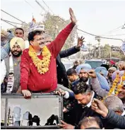  ??  ?? Aam Aadmi Party convener & Delhi Chief Minister Arvind Kejriwal during a road show for upcoming Punjab Assembly elections in Jalandhar on Friday