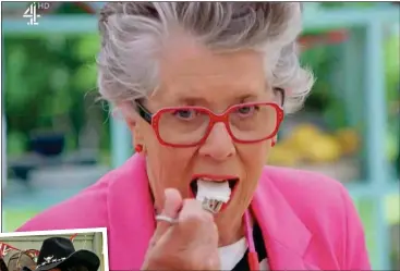  ?? ?? SWEET LIFE: Prue Leith tastes a contestant’s bake. Inset: With fellow judge Paul Hollywood, and presenters Alison Hammond and Noel Fielding