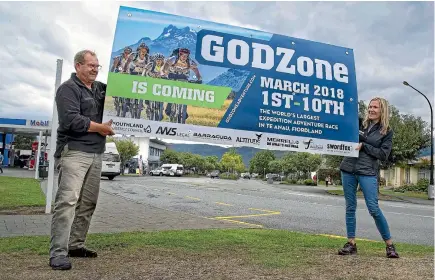  ?? BARRY HARCOURT/635444615 ?? Southland District councillor Ebel Kremer and GodZone Media manager Margo Berryman at the start line of this year’s GODZone Adventure race in Te Anau.