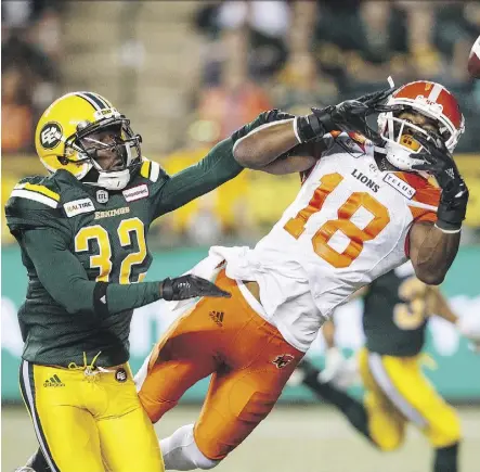  ?? THE CANADIAN PRESS ?? Defensive back Nicholas Taylor, left, has been a valuable addition to the Eskimos defence. Since joining the team in the off-season, he’s played all over the secondary, even suiting up at linebacker.