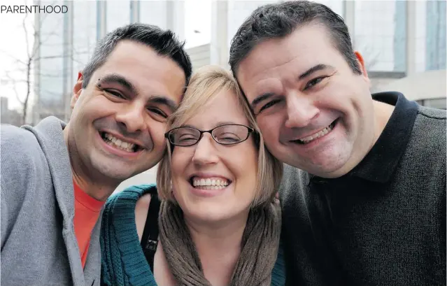  ?? J. P. MOCZULSKI FOR POSTMEDIA NEWS ?? Frank Emanuele, left, his partner Norm Furtado, right, and their surrogate, Angela Peeters, share a laugh after Angela was impregnate­d with the London, Ont. couple’s embryo at a Toronto clinic.