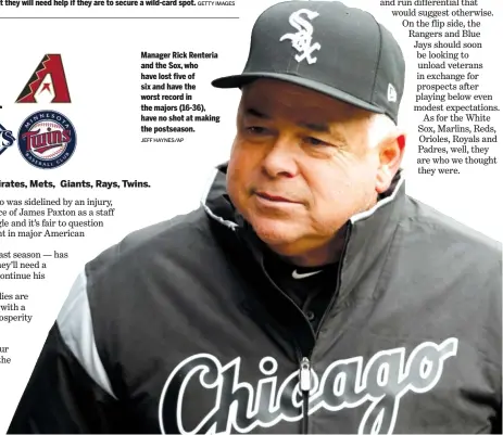  ?? JEFF HAYNES/ AP ?? Manager Rick Renteria and the Sox, who have lost five of six and have the worst record in the majors ( 16- 36), have no shot at making the postseason.