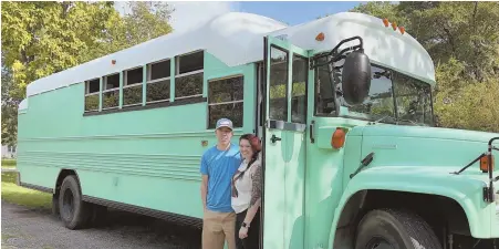  ?? TNS PHOTO ?? CLASSY DIGS: Sam and Jordan Page have turned an old school bus into a little home on wheels so they can travel for Sam’s work and see the U.S.A. in their Chevrolet.