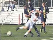  ?? AUSTIN HERTZOG - MEDIANEWS GROUP ?? Perkiomen Valley’s Owen Love falls to the turf while competing against Upper Perkiomen’s Jack Cupitt.