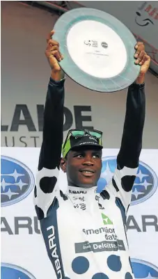  ?? /AFP ?? Stunning debut: Nicholas Dlamini won the King of the Mountain category in his World Tour maiden appearance in the Tour Down Under in Adelaide on Sunday.